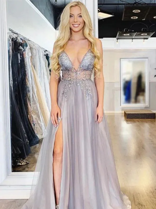 Sexy Deep V-neck Spaghetti Straps Tulle Prom Dress with Side Slit, DB11006