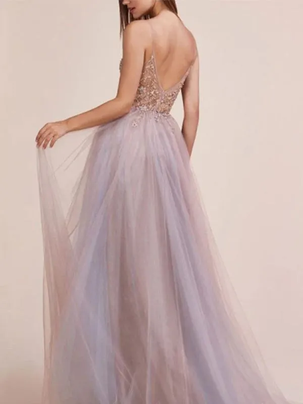 Sexy Deep V-neck Spaghetti Straps Tulle Prom Dress with Side Slit, DB11006