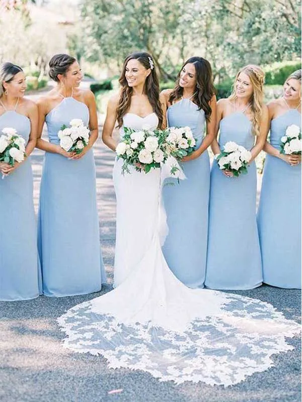 Simple Halter Light Blue Long Bridesmaid Dress, BG208