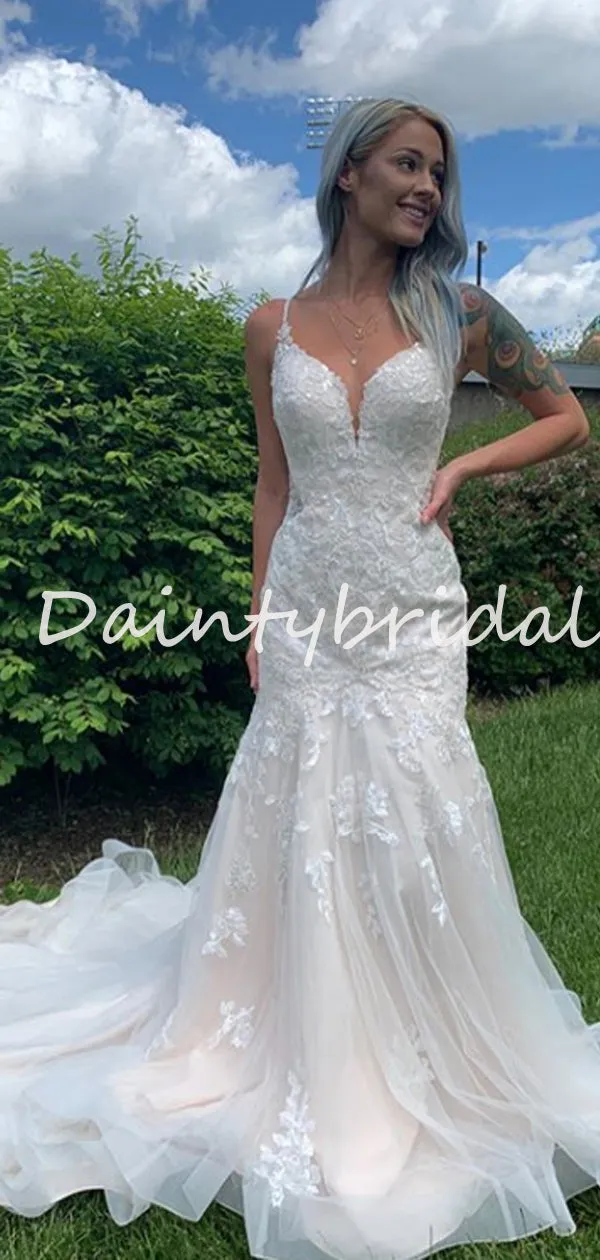 Simple Sexy Spaghetti Strap V-neck Mermaid Lace Tulle Long Wedding Dresses Evening Dresses.DB10707