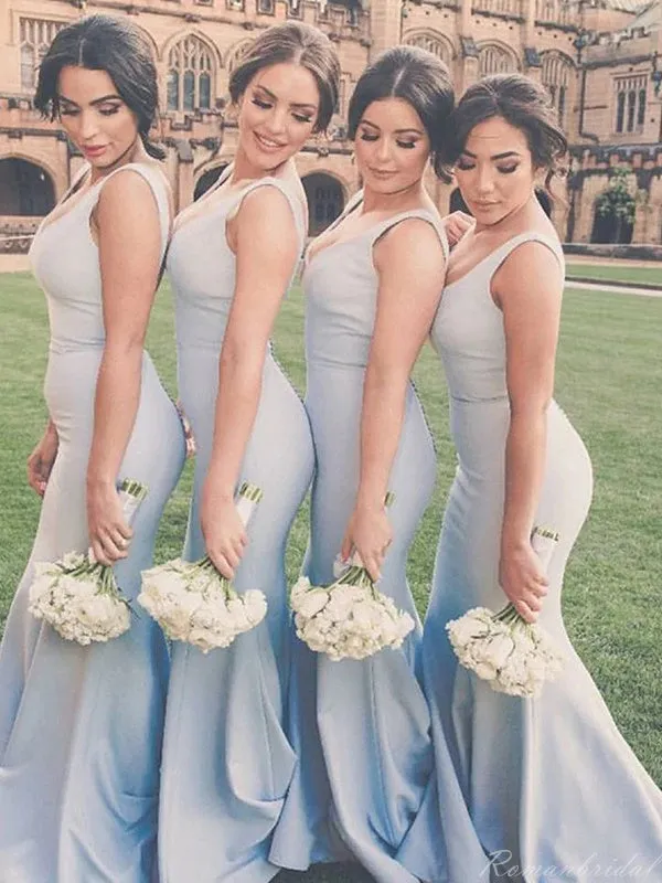 Simple V-neck Mermaid Sleeveless Satin Long Bridesmaid Dresses, BG298