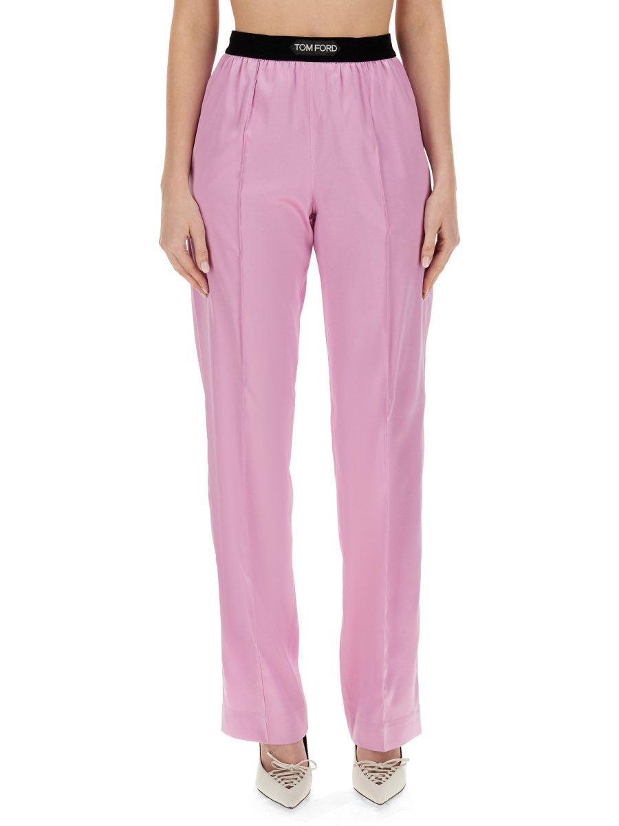 TOM FORD    STRETCH SILK SATIN LOGO PANTS