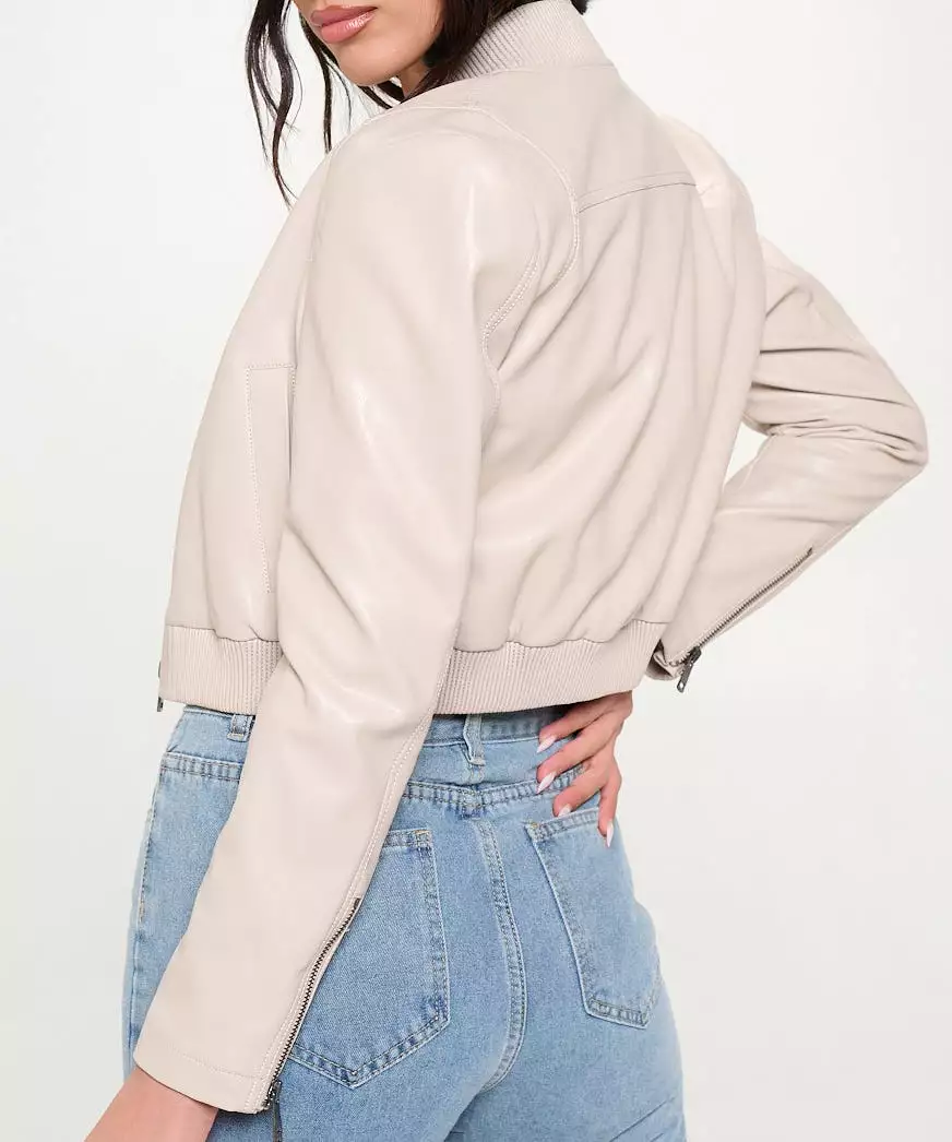 Vegan Leather Bomber Jacket - Cream