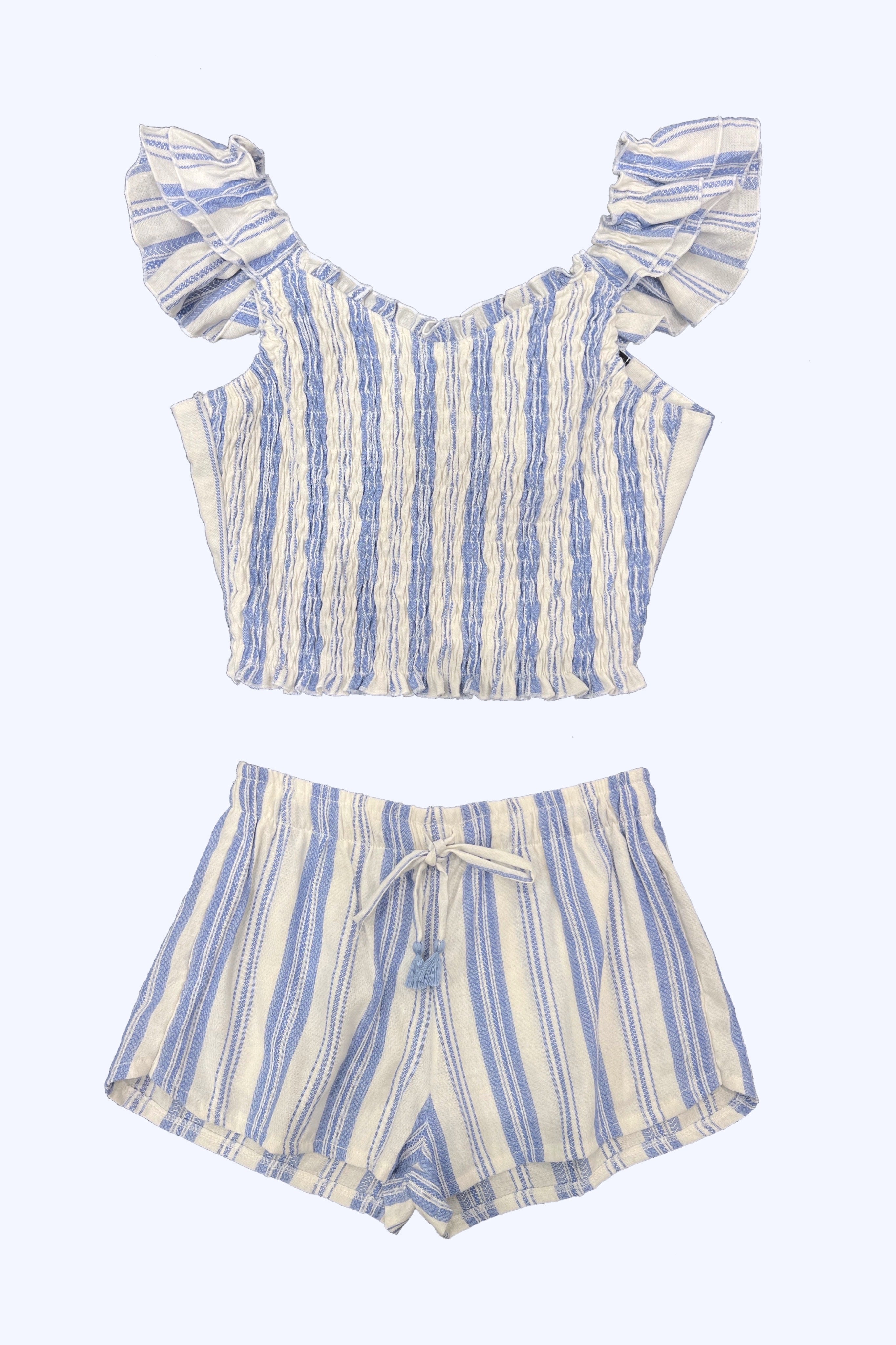 White Blue Woven Stripe Elastic Waist Shorts