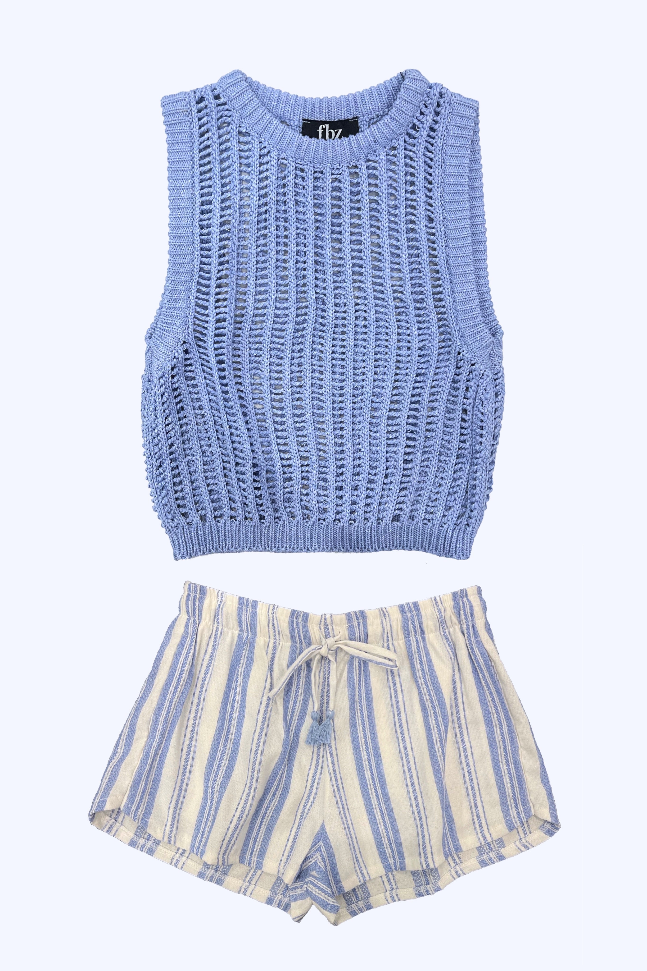 White Blue Woven Stripe Elastic Waist Shorts