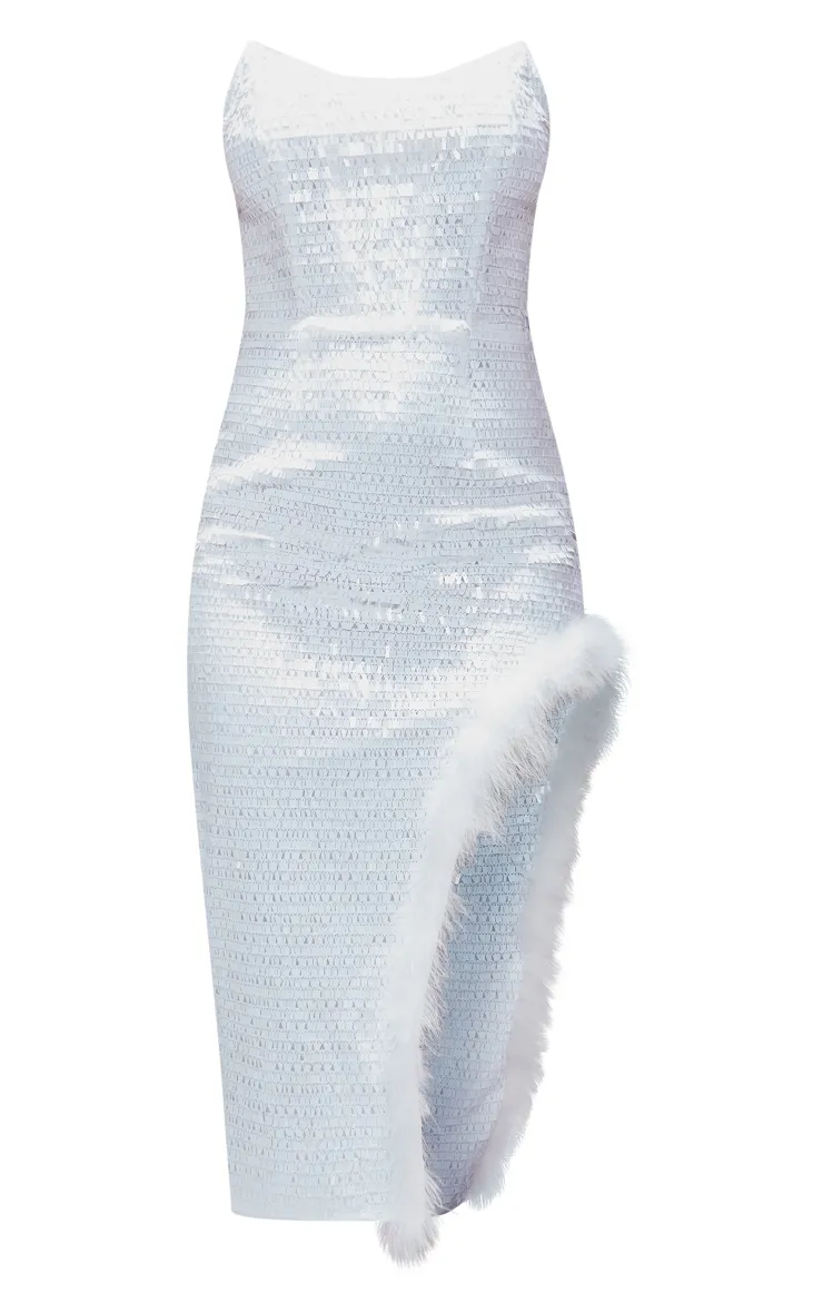 White Sequin Bandeau Feather Split Midaxi Dress