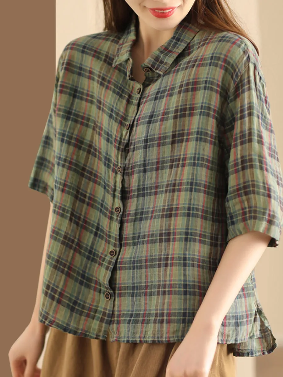 Women Artsy Plaid Summer Button-up Linen Shirt KL1012