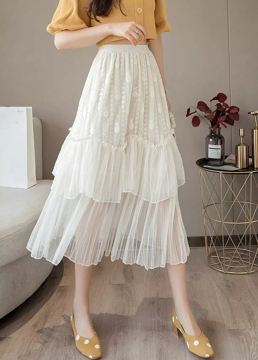 Women White Ruffled High Waist Chiffon Skirt Summer AS1001