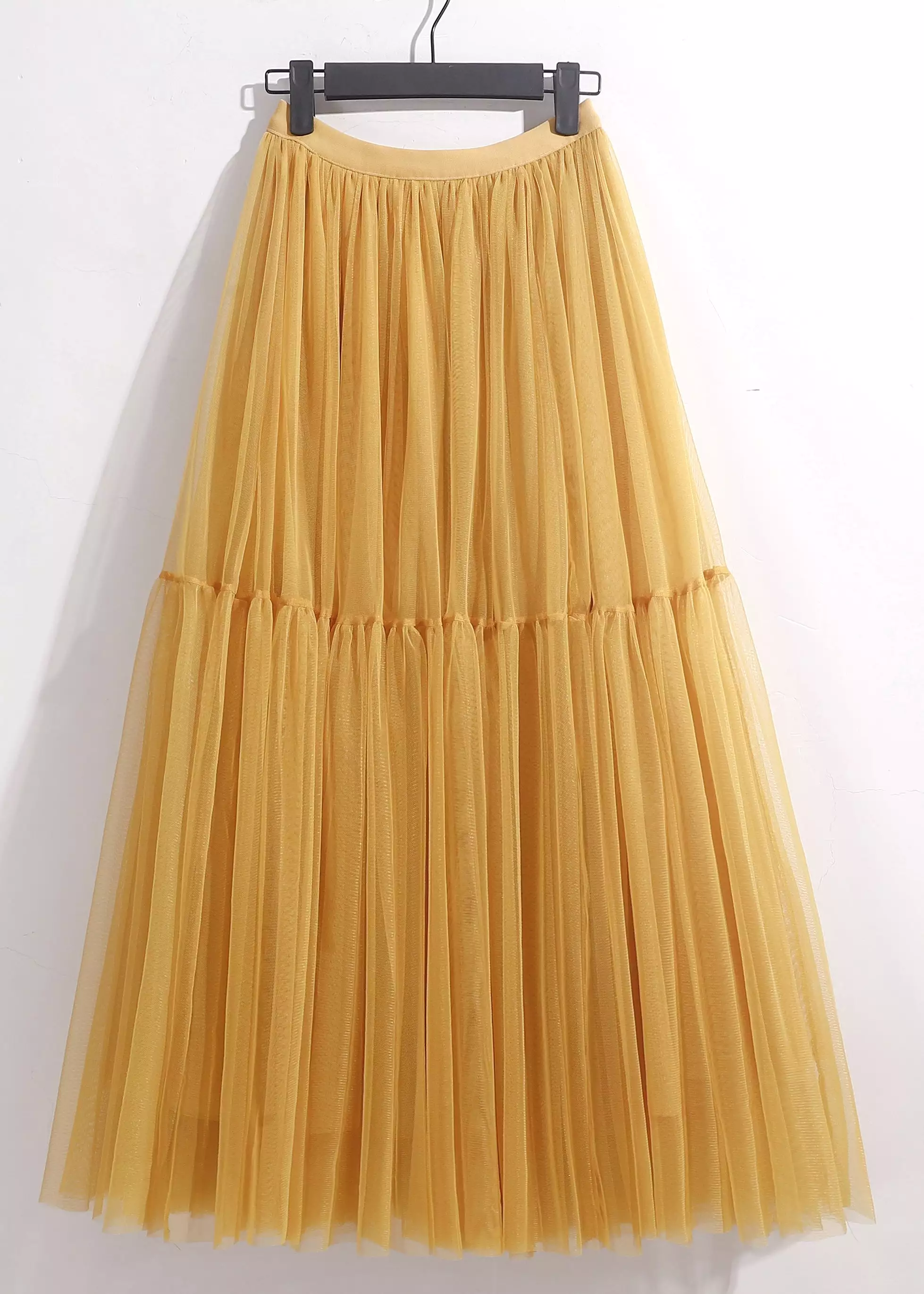 Women Yellow Wrinkled Elastic Waist Tulle Skirt Summer AS1095