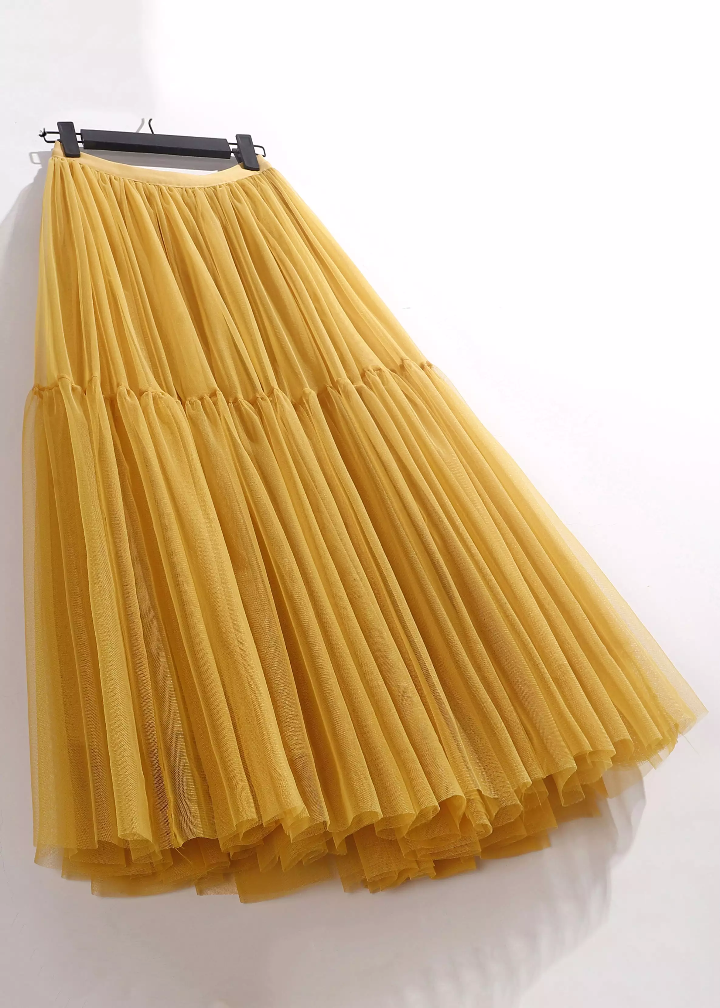 Women Yellow Wrinkled Elastic Waist Tulle Skirt Summer AS1095