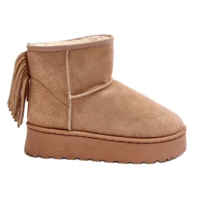 Women's snow boots on a massive platform with fringes, Beige Lirico