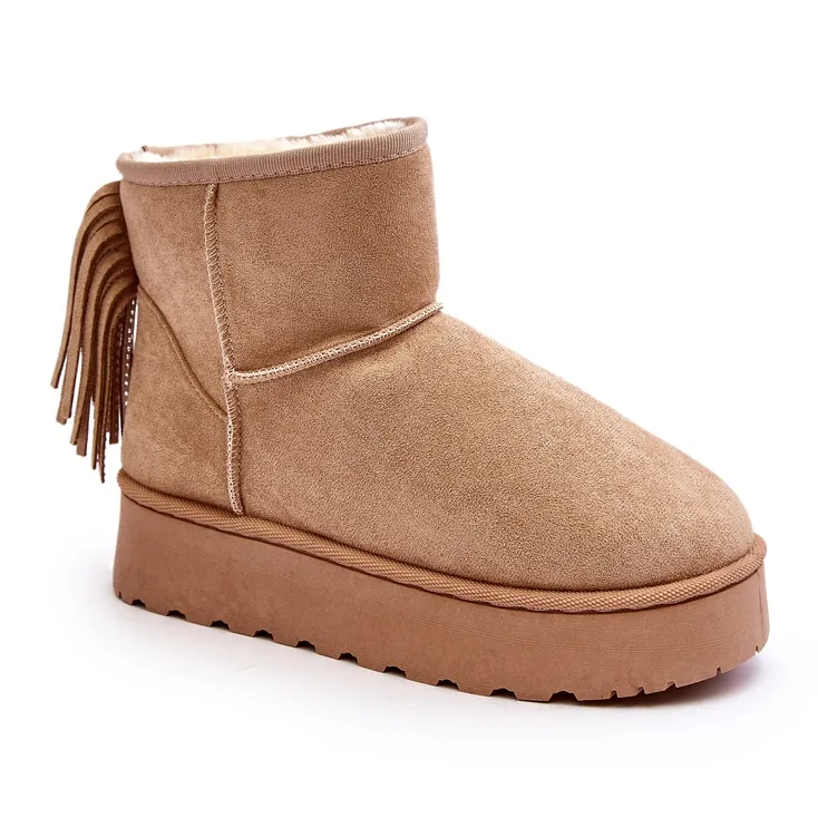 Women's snow boots on a massive platform with fringes, Beige Lirico