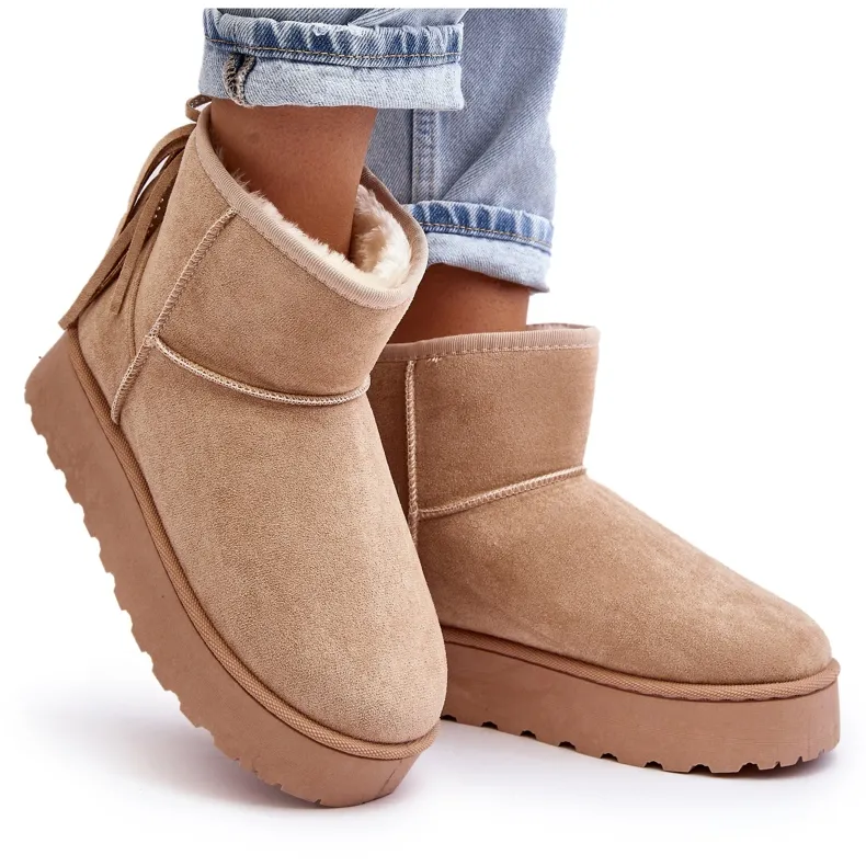 Women's snow boots on a massive platform with fringes, Beige Lirico