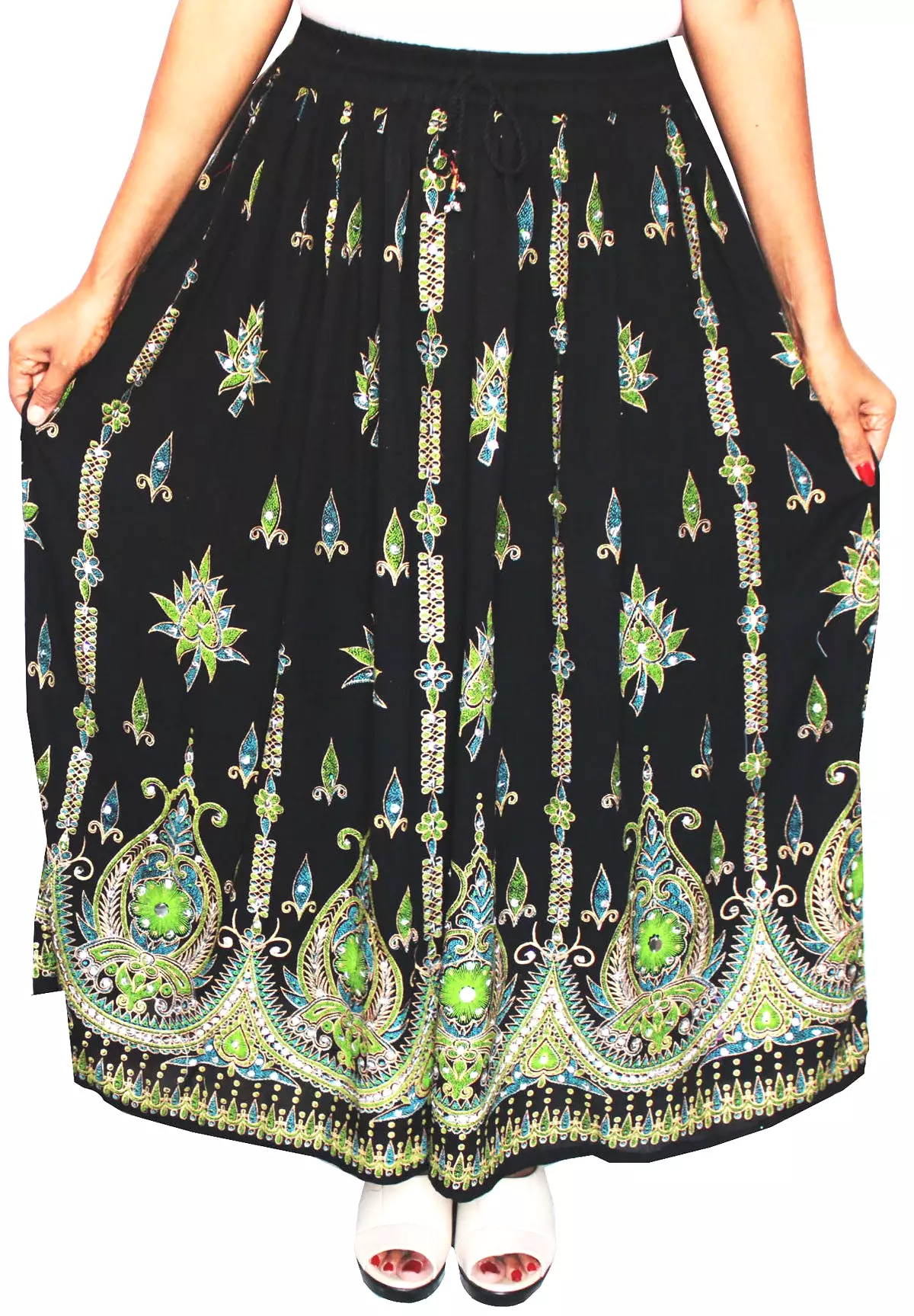 Womens Indian Long Skirts Sequins Ankle Length India (Black)