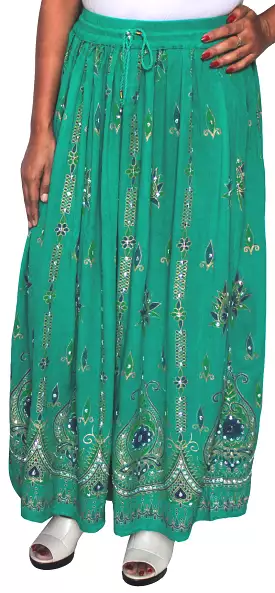 Womens Long Skirts Sequins Ankle Length India Apparel (Green)