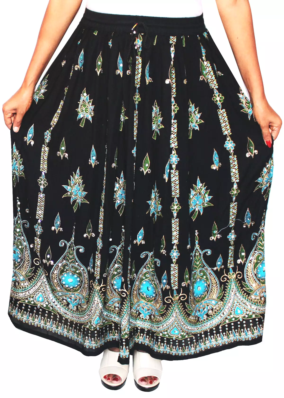 Womens Long Skirts Sequins Ankle Length Rayon India Clothes (Black)